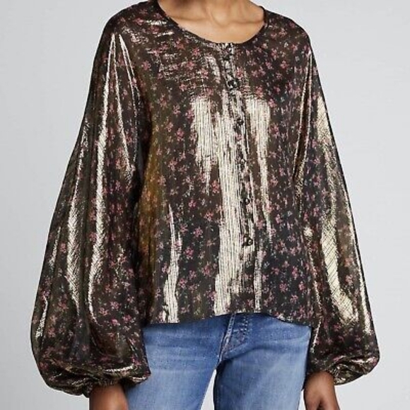 Love Shack Fancy Metallic 'Adeline' Gold Lamé Midnight Vine Balloon Sleeve XS - Picture 3 of 13